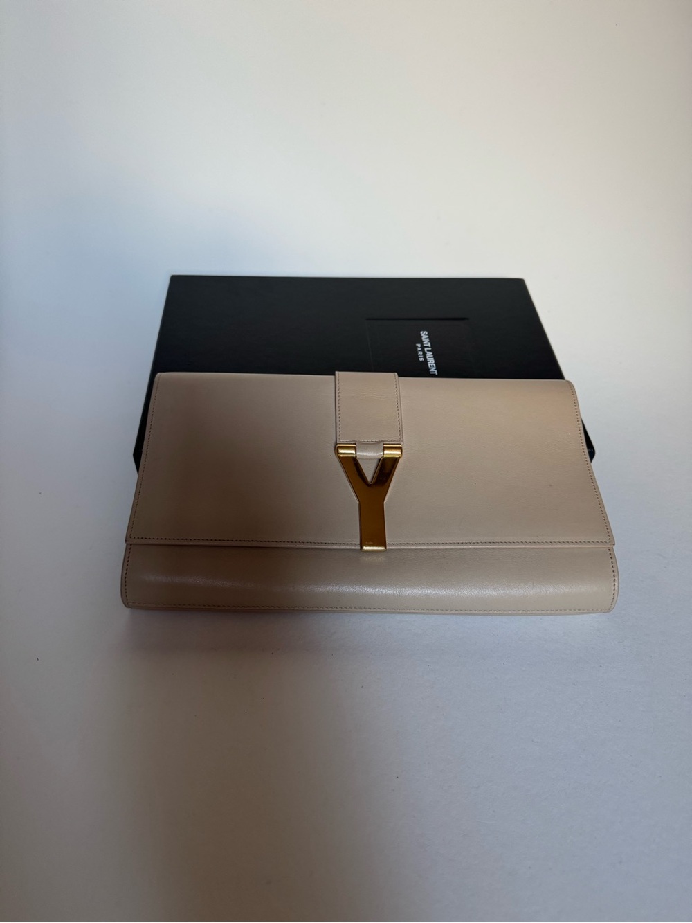 Saint Laurent Beige Leather Y-Closure Clutch with Gold Hardware